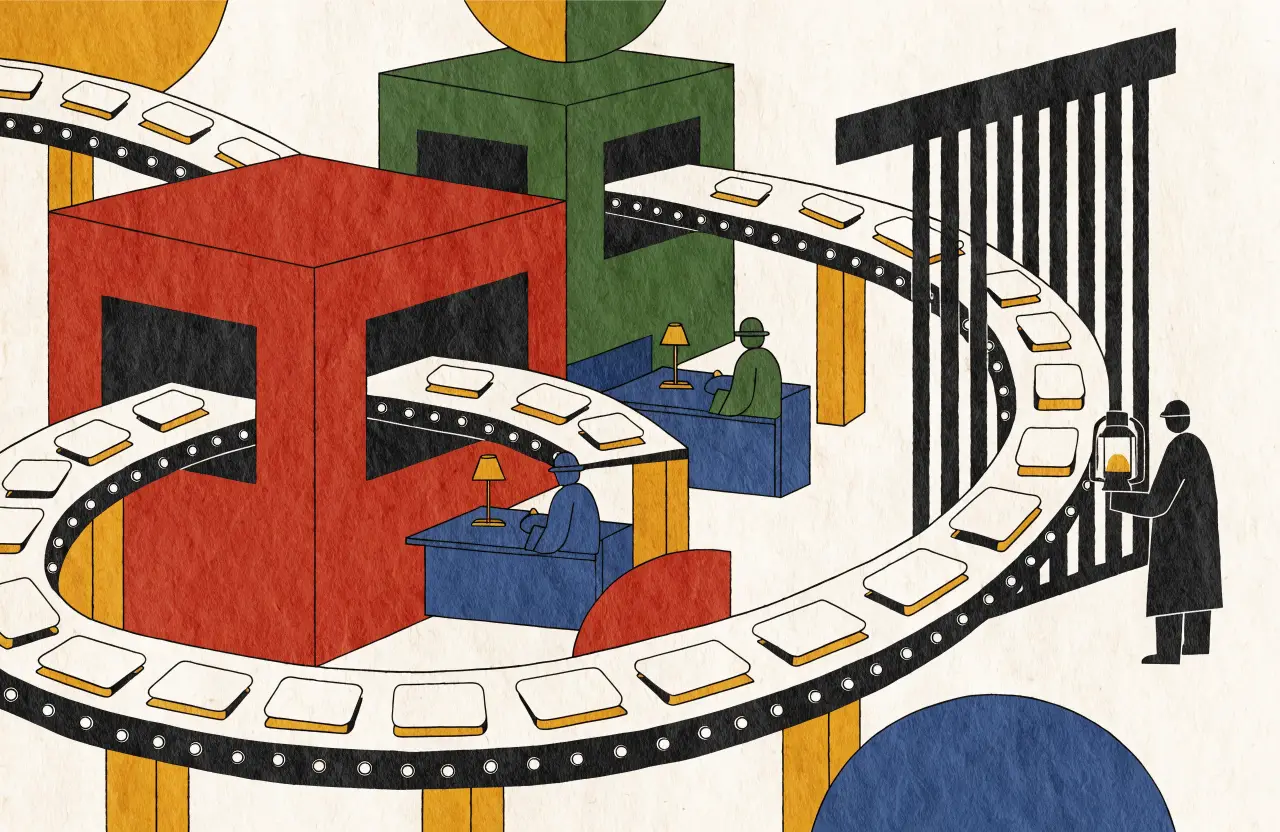 Illustration: en fabrik av agenter med en människa vid grinden