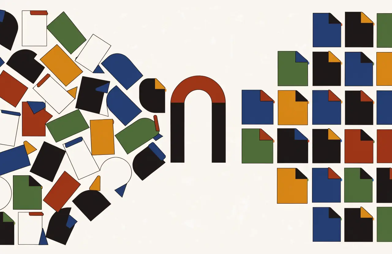 Illustration: kaos av mail blir ordnade order genom en grind
