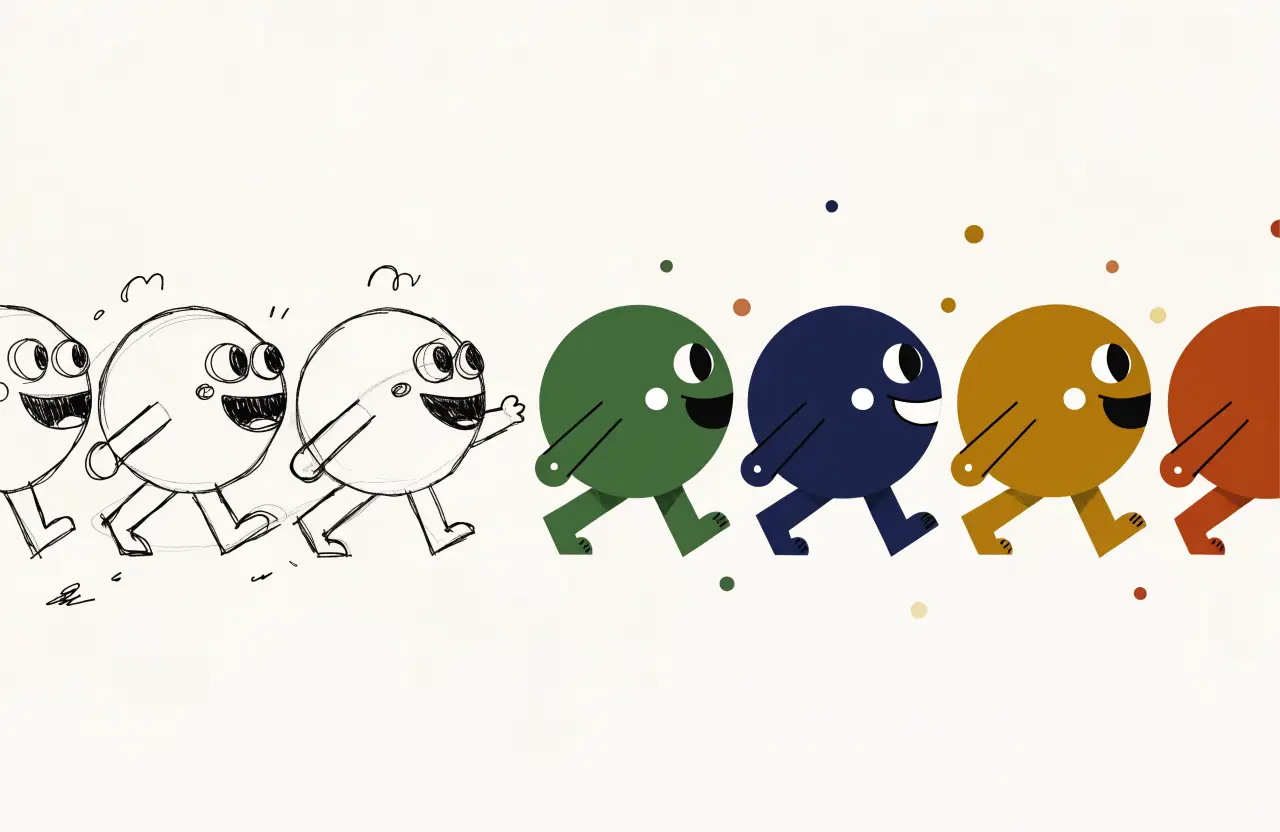Illustration: skiss blir en parad av färdiga figurer